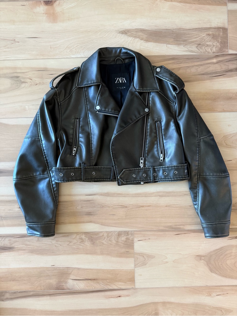 Zara Olive Green Faux Leather Cropped Biker Jacket - Size S